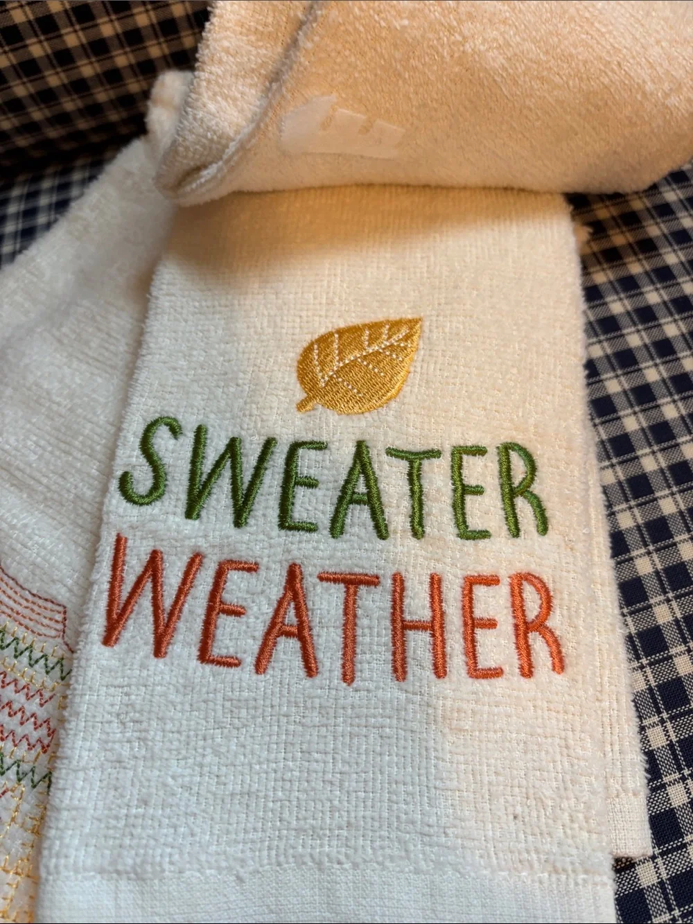 Embroidered 'Sweater Weather' Cream Kitchen Towels - Set of 3
